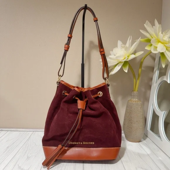 Dooney & Bourke Burgundy Suede Leather Drawstring Bucket Shoulder Bag - Picture 7 of 13